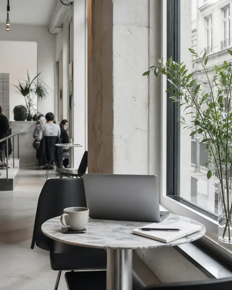 Heller Café-Arbeitsplatz mit Laptop, Kaffee und Notizbuch